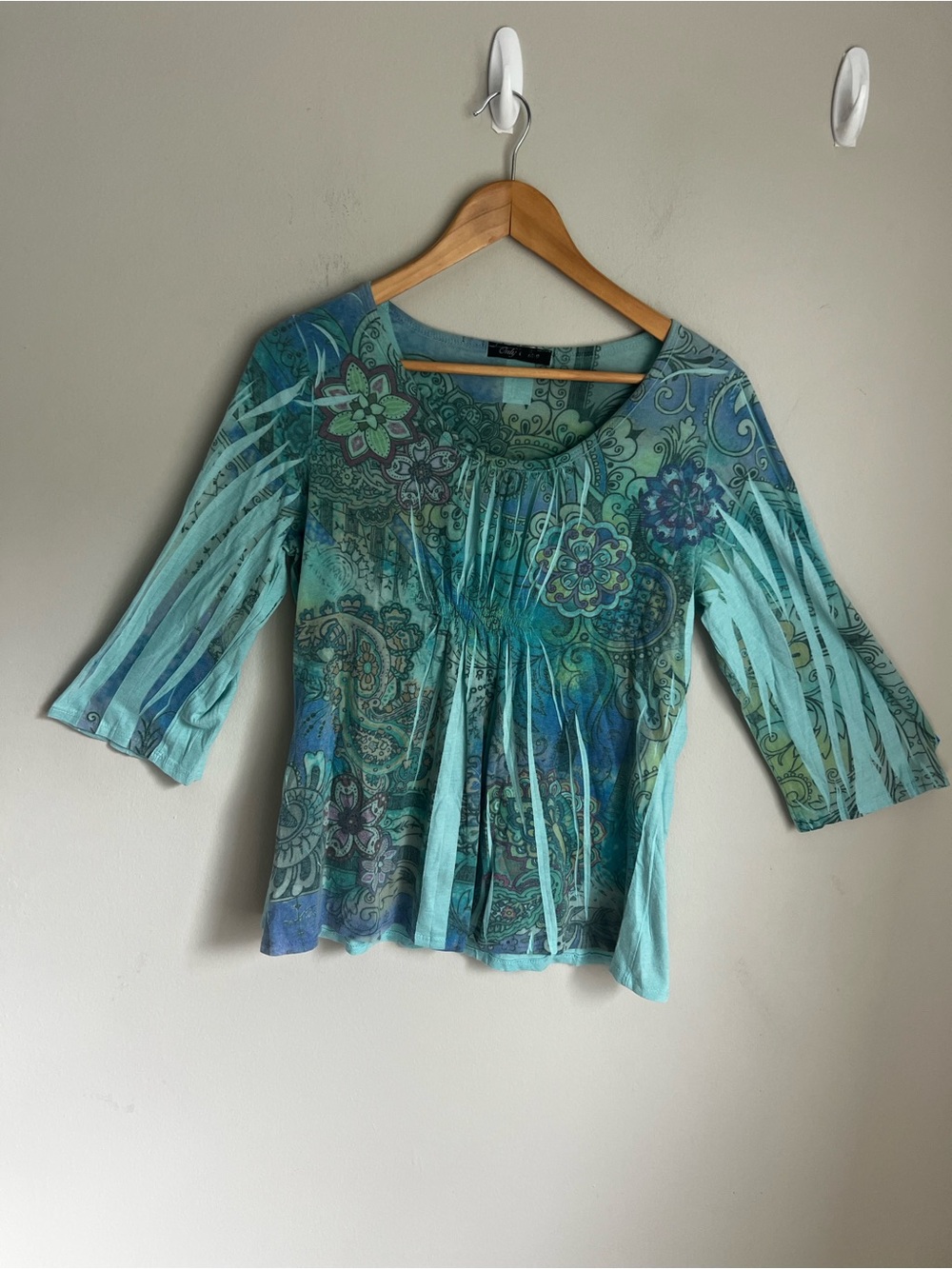 Only Mine Teal and Aqua Paisley Pintuck Scoop Neck Tunic